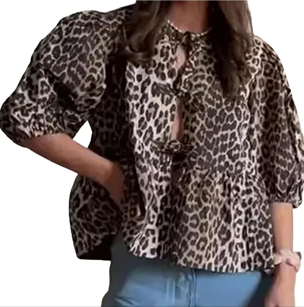 Leopard Print Puff Sleeve Blouse Size XL